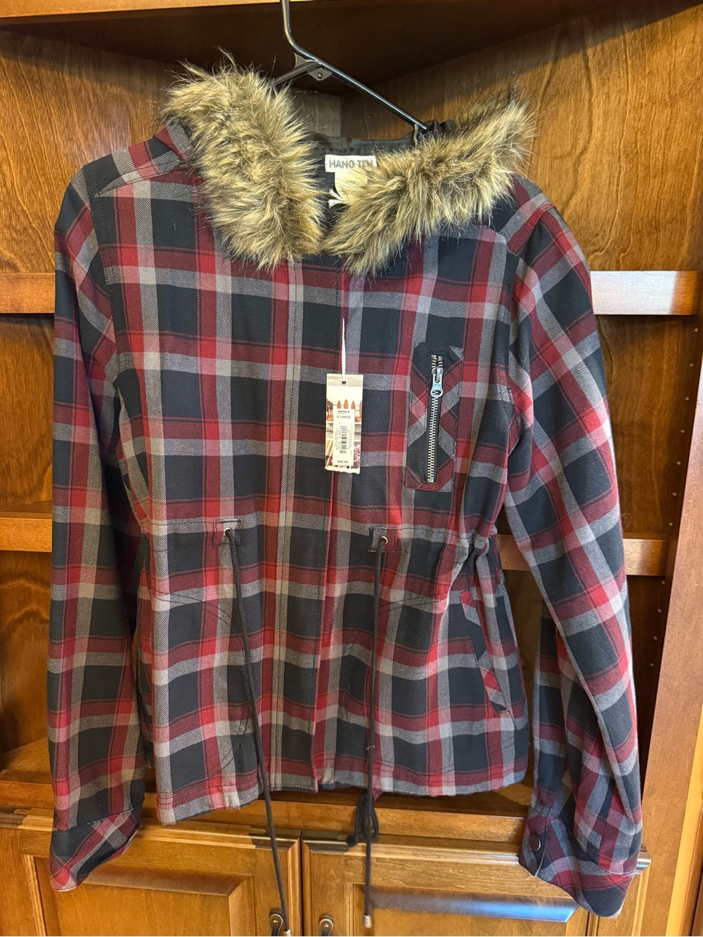 NWT Hang Ten Plaid Hooded Jacket Womens XL Faux Fur